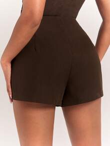 Radiana Vintage Chic Dark Brown Solid Color High Waist Shorts, Mini Skirt Shorts, Business Bottoms, Versatile, Casual Outings, Commuting, Office Going Out - Coffee Brown - View 3