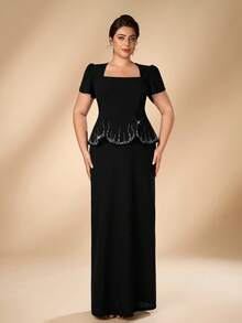Serin Plus Size Elegant Formal Fashion Black Elastic Knit Vintage Stand Collar Puff Sleeve Petal Hem Rhinestone Back Slit Bodycon Straight Long Gown - Black - View 4