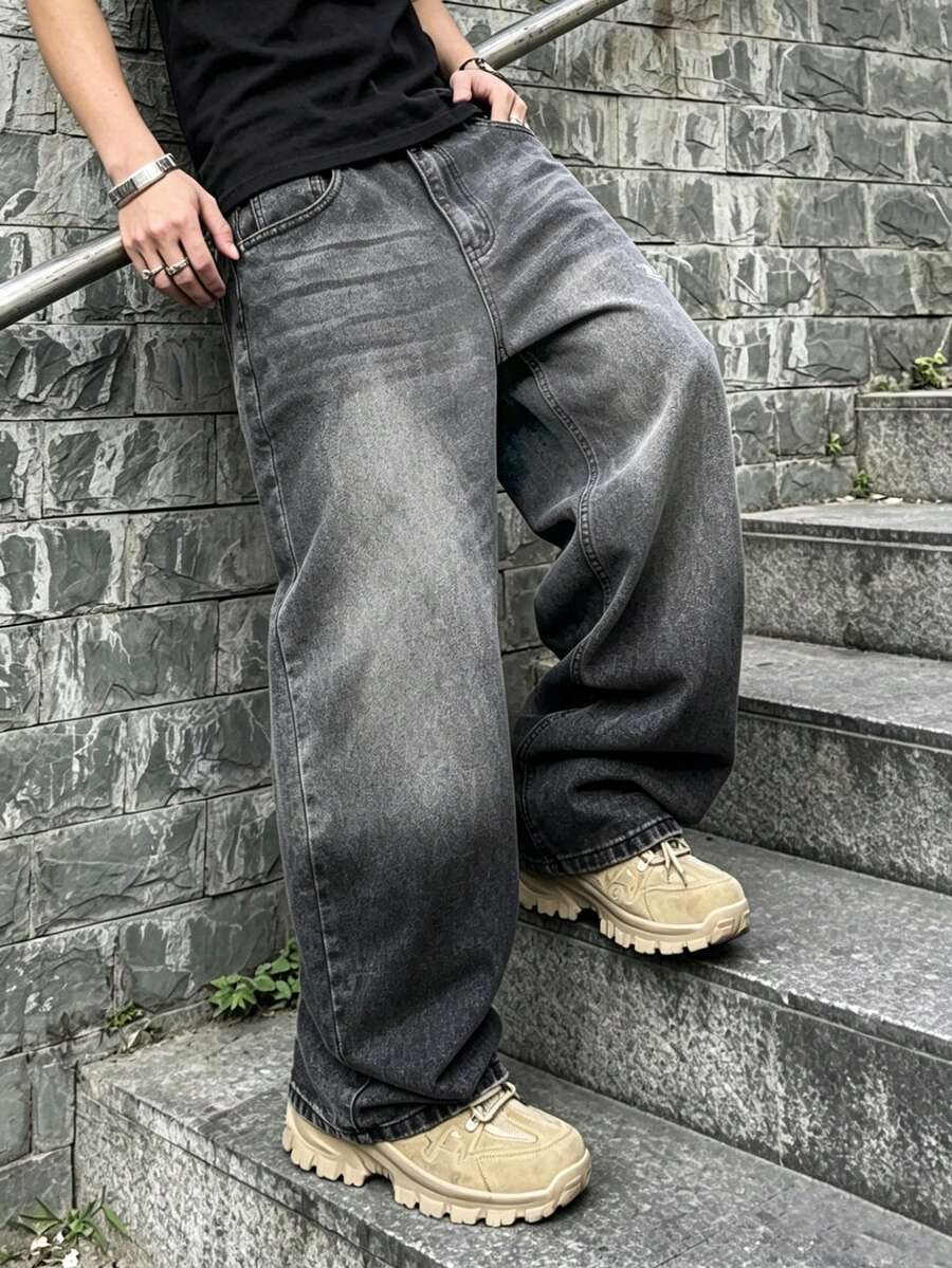Manfinity EMRG Jeans anchos de pierna casual góticos con lavado degradado para hombres - Negro - Ver 1