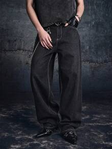 Manfinity ZONE917 Men's Geometric Pattern Pocket Straight Leg Casual Jeans Going Out Hang Out Commute Vacation Street, Grunge - Black - View 5