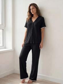 Liftille 2 件套女士休闲撞色装饰上衣和裤子家居服套装 - 彩色 - 查看 2
