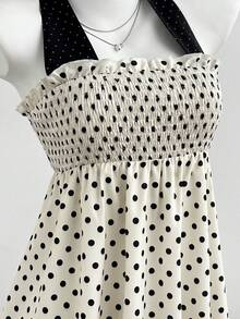 Elamini Women's Elegant Boho Casual Versatile Fashion Daily Vacation Black White Polka Dot Print Backless Halter Neck Short Dress, Summer Dress Beach - Yellow - View 4