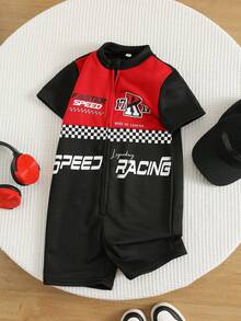 SHEIN 小男孩休閒運動拼接撞色立領短袖賽車服 機車服 F1賽車手連身衣 字母圖案針織柔軟小立領短袖連身短褲 適合外出、度假、旅行，春夏季穿著 - 彩色 - 查看 4