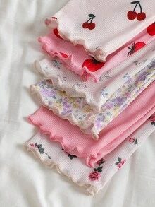 SHEIN [Randomly Sent 1 Set]Baby Girl One-Piece Long Sleeve Long Pants Wavy Ruffle Hem Design Cute Strawberry Cherry Ditsy Floral Solid Color Pattern Fabric Comfortable Suitable For Girls Home Daily Wear Pajamas Loungewear - Multicolor - View 3