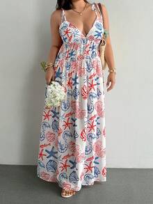 SHEIN SunnyBelle Elegantes Damen-Maxikleid in Große Größen für Strandurlaub mit Muschel- und Schnecken-Blumenprint, geraffter Taille, Spaghettiträgern und Bindeband - Blau-Weiß - Übersicht 5