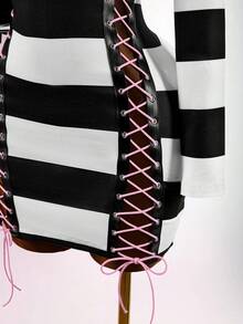 Amplova POLO Collar Pony Logo Split Tie Design Back To School Street Style Women's Mini Vintage Dress - Black and White - View 6