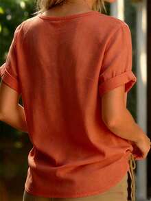 EMERY ROSE Women's Cotton Embroidered Drop Shoulder Short Sleeve White Blouse - Orange - View 2