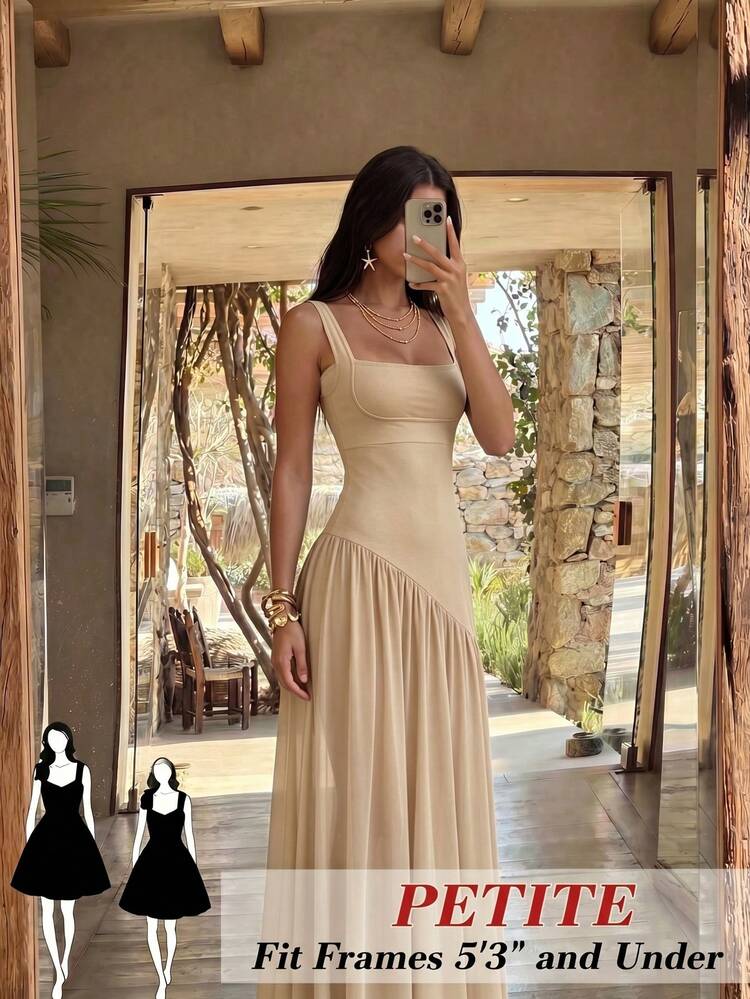 beige petite dress SHEIN Women's Fashion Square Neck Backless Patchwork Long Vacation Party Summer Jamaican European Long sleeve
