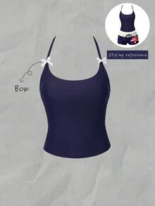 Elavelle Conjunto de bikini para mujer con estampado aleatorio, cuello halter y decoración de lazo, primavera/verano - Azul Marino - Ver 1