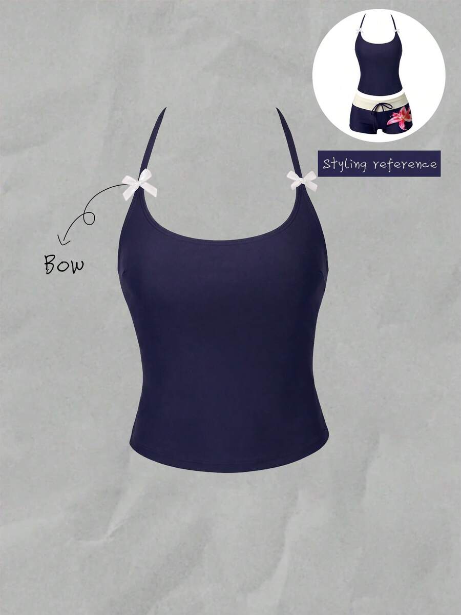 Elavelle Conjunto de bikini para mujer con estampado aleatorio, cuello halter y decoración de lazo, primavera/verano - Azul Marino - Ver 1