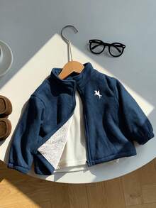 SHEIN 男嬰可愛秋冬麂皮保暖內裡立領夾克，卡其色拉鍊外套，適合室內、戶外、日常、運動、玩耍、派對、拍照、度假、節日、電音派對 - 藏蓝色 - 查看 3