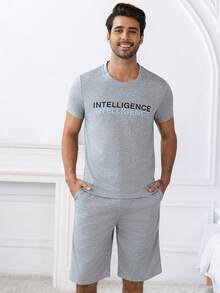 Provexi Provexi Men's Letter Print Short Sleeve Top And Shorts Loungewear Set - Light Grey - View 4
