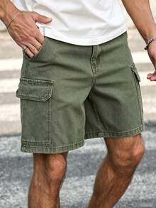 Manfinity Homme Pantalones cortos de mezclilla estilo americano ropa de trabajo para hombres de talla grande - Verde militar - Ver 3