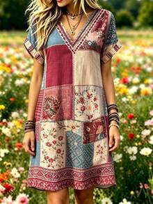 Selamara Bohemian Pastoral Patchwork Floral Print Short Dress, V-Neck Loose Short Sleeve Cover-Up Dress, Casual Short Dress For Countryside And Beach Vacation - Multicolor - View 4