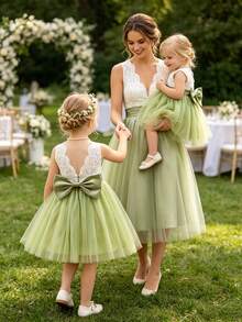 SHEIN Glamorique Kids 女童無袖洋裝，白色蕾絲背部設計搭配綠色柔軟網紗裙襬，可拆式蝴蝶結，適合生日派對、婚禮花童、家庭聚會、畢業舞會等正式場合，亦可日常度假穿著，兒童攝影，清新儀式感 - 綠色 - 查看 2