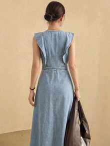 DAZY Spring Summer Women's Round Neck Button Half-Placket Pocket Casual Denim Dress - Blue - View 2