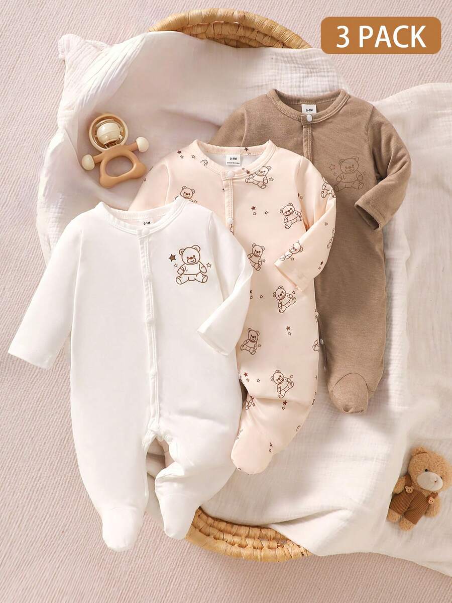 SHEIN 新生兒嬰兒3件套連身衣,休閒時尚創意個性清新可愛卡通印花圖案 - 棕色 - 查看 1