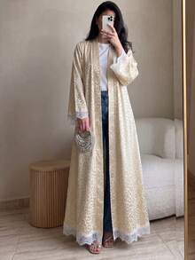 Yasmyna Abaya árabe para mujer color albaricoque tejida con estampado de leopardo, manga larga, ribete de encaje, conservadora, elegante y romántica - Albaricoque - Ver 6