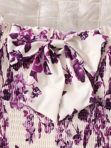 Tween Girls Vacation Back To School Purple Floral Print Square Neck Short Sleeve Shirred Dress - Purple - View 6
