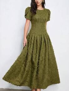SHEIN Summer Elegant Solid Color Textured Dress - Army Green - View 3