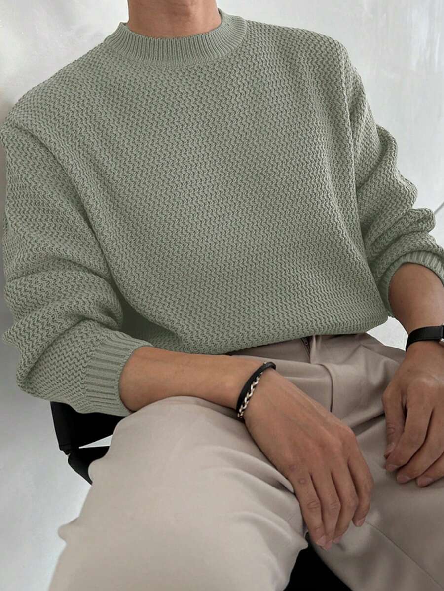DAZY Men Solid Color Crew Neck Long Sleeve Sweater, Autumn - Army Green - View 1