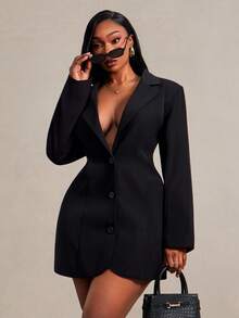 Radiana Plus Size Women's Sexy Minimalist Elegant Black Fitted Blazer With Shoulder Pads, Sexy Backless Blazer, Single-Breasted Blazer Dress, Tailcoat Dress, Suitable For Daily Wear, Office, Commute, Date, Party, Shopping, Banquet, Cocktail Party, Formal Occasions - Black - View 5