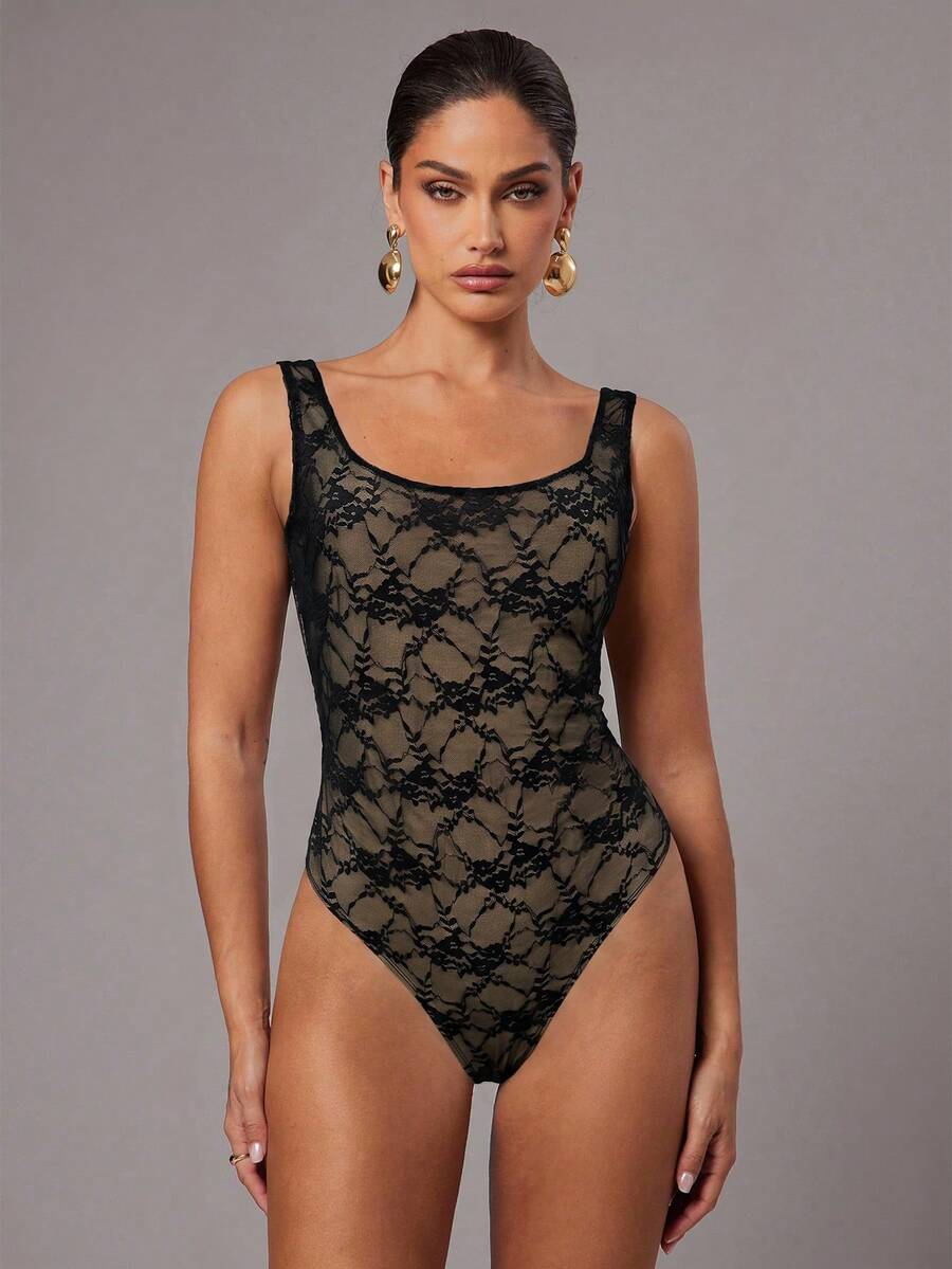 Silquee Bodysuit Renda Gaya Prancis untuk Wanita, Cocok untuk Kencan dan Liburan - Hitam - View 1