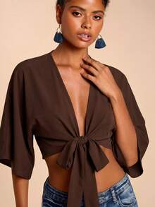Travachic Women's Solid Color Front Knot Batwing Short Sleeve Fashion Shirt Beach Vacation Coffee Brown Summer Tropical - Brown - View 3