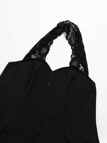 Elenzga Plus Size Women's Elegant Black Lace Patchwork Black Vest Design Date Inner Layer Pure Desire Lace Halter Neck Waist-Cinched Slimming Short Blouse Shirt For Commute And Office - Black - View 3