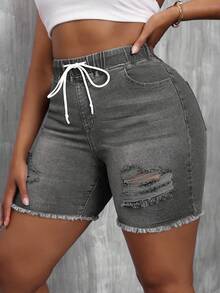 EURMUSE Shorts vaqueros ajustados con efecto desgastado y rasgado para tallas grandes - Gris Claro - View 3