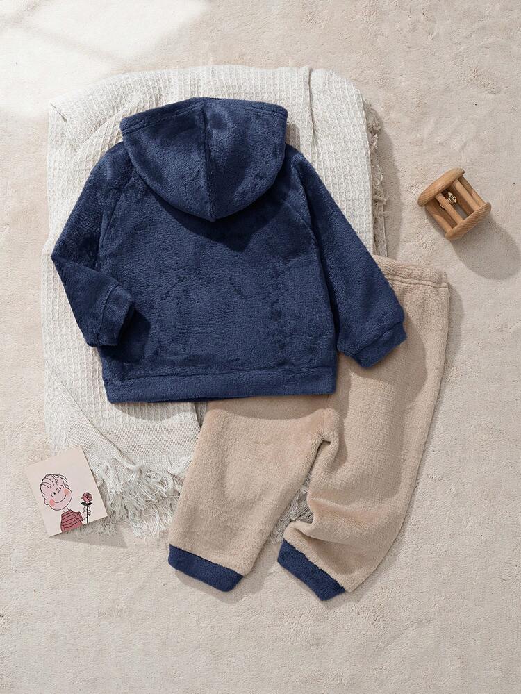 Cozy Pixies 男嬰卡通熊圖案抓絨內裡加厚圓領長袖套頭上衣與鬆緊腰長褲 2 件套 - 藏蓝色 - 查看 2