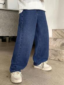 SHEIN Jeans de mezclilla con botones y bolsillos versátiles para niños y preadolescentes - Azul lavado oscuro - Ver 4