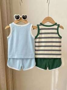 SHEIN Playful Pals 男嬰字母與香蕉印花拼色上衣短褲休閒日常套裝 - 彩色 - 查看 2