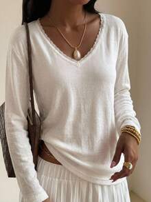 Livesso Women's Contrast Lace V-Neck Long Sleeve Fitted Fashionable T-Shirt,Fall Clothes - White - View 6