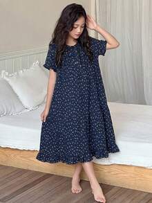 DAZY Gaun Lengan Panjang Berkerah Ruffle Motif Lembut & Nyaman untuk Anak Perempuan Remaja, Pakaian Santai Kasual - Navy Blue - View 3