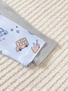 SHEIN Vintaside Kids 2件組新生兒居家服套裝，四季適用，灰色花卉羅紋棉布，可愛淺藍色汽車印花連身包屁衣 - 藍色 - 查看 7