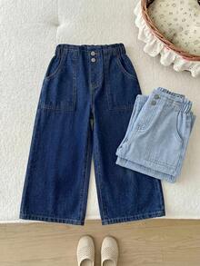SHEIN 2件/組 女童粉色與白色寬鬆牛仔長褲 - 彩色 - 查看 6