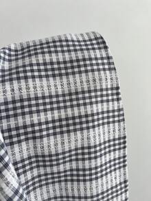 Elamini 女款舒適方領紋理粉色棉質格紋短袖襯衫，女款上衣，夏季上衣，夏季服飾，夏季，度假，夏季，海灘 - 藏蓝色 - 查看 3