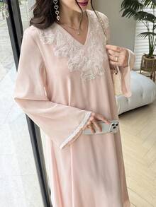Yasmyna Lightweight Chiffon Wide Cuff Elegant Decorated Women's Arabian Dress - Pink - View 8