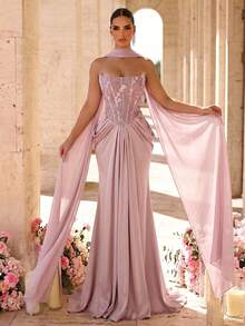 Glamrae Elegant Queen Formal Party Gala Dinner Light Pink Beaded 3D Floral Applique Patchwork Satin Strapless Corset Mermaid Tail Evening Gown Wedding - Pink - View 4