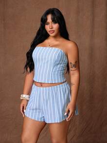 Rustia Plus Size Summer Striped Bandeau Top & Striped Shorts Casual Set - Blue - View 4