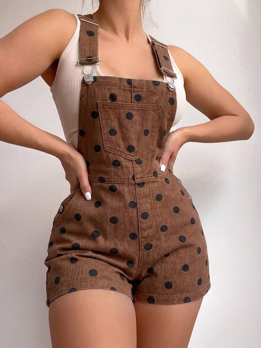 SHEIN Essnce 女款波點圖案口袋設計牛仔吊帶短褲 - 咖啡棕 - 查看 1