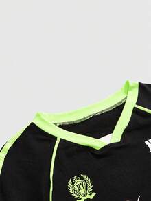 ACID BLVD 春夏 Y2K 辣妹風運動風世界盃數位印花拼色修身球衣 T-shirt - 黑色 - 查看 10