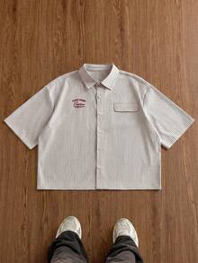 ESTAVOR Camisa casual de hombre con estampado de rayas, verano - Caqui - Ver 4