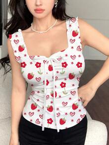 Modelyn 女款夏季蝴蝶結心形領荷葉邊修身綁腰細肩帶背心，性感可愛浪漫坦克背心，辣妹緊身短版上衣，白色花卉 - 白色 - 查看 3
