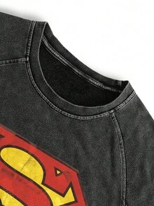 SUPERMAN X SHEIN TOKVUE Kaos Kasual Pria Musim Panas Motif Geometris, Liburan - Hitam - View 3