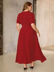 Roveilla Elegante vestido de mujer con lunares, cuello en V, manga corta, silueta ajustada en A para verano, tela sin estiramiento, adecuado para ocasiones/vacaciones/citas, blanco - Rojo - Ver 2