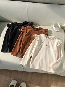 3 st/set baslager-toppar för flickor, höst/vinter, stickade med korta ärmar och dubbelsidig fleece, mångsidiga långärmade T-shirts med rund hals och broderat hjärta - Multifärgad - Visa 3