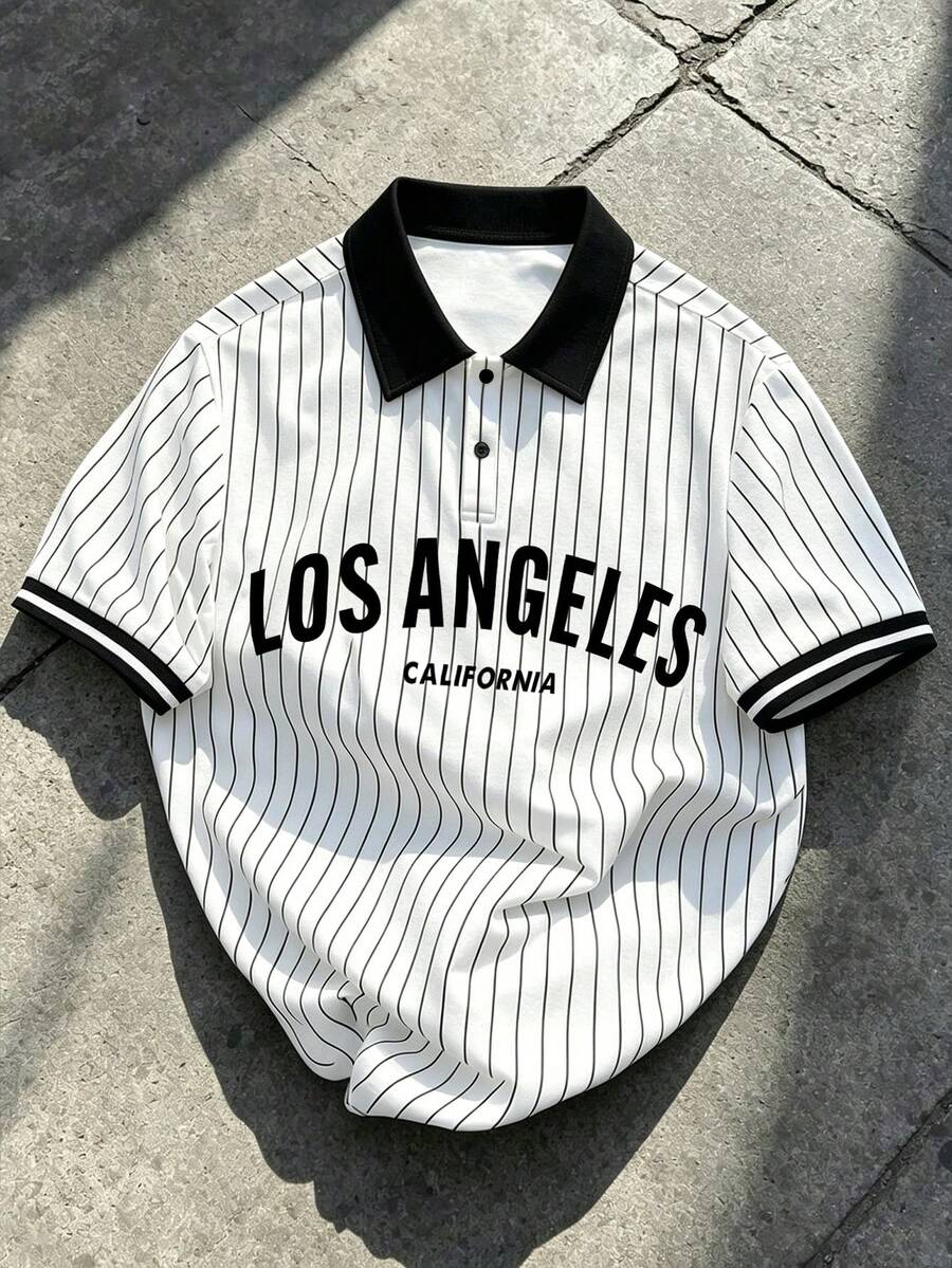 Manfinity EMRG White Base Black Vertical Striped Men's Polo Shirt, Vintage Y2K Style Los Angeles Letter Print, Spring/Summer Casual Streetwear Collared Short Sleeve - Multicolor - View 1