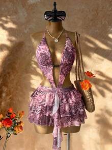 SHEIN Glamour Women's Spring/Summer Vacation Ruched Ruffle Tie-Up Beaded Sexy Tropical Pink Leopard Print Tropical Style Mini Dress Beach Vacation - Baby Pink - View 7